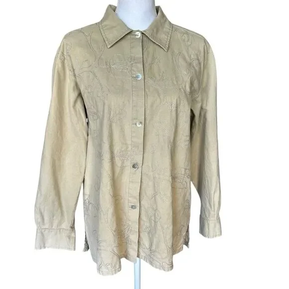 Jane Ashley Tan Silver Embroidered Linen Blend Shacket Shirt Women’s Large - Picture 1 of 14
